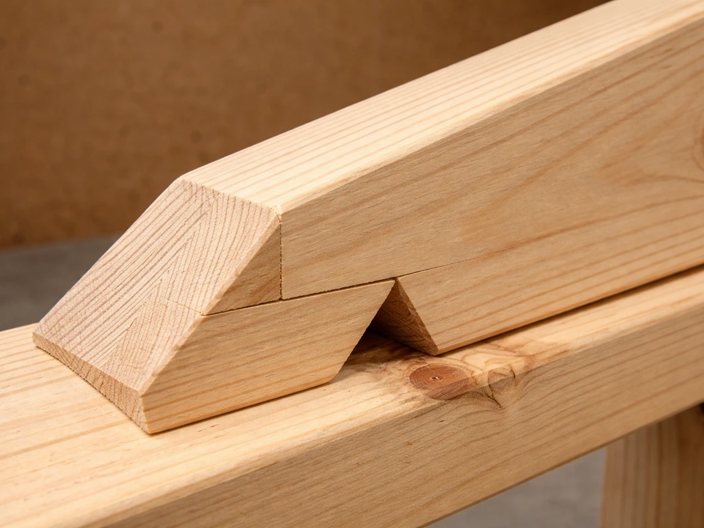 Close-up of a rafter showing a triangular bird-mouth notch with seat cut, plumb cut, and heel point.