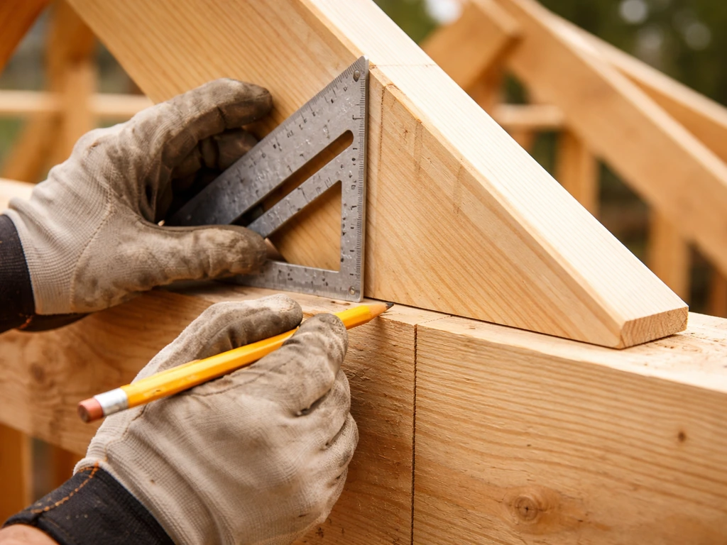 Gloved hands using a rafter square to mark a bird-mouth seat cut line on roof framing timber.