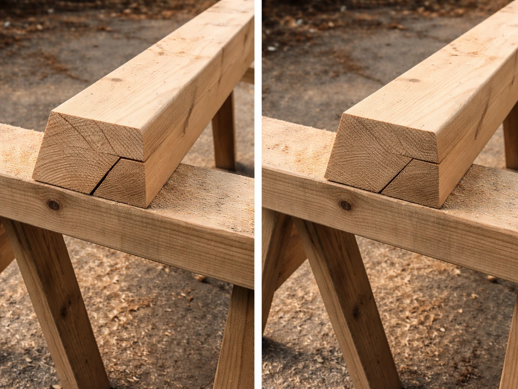 Side-by-side roof rafter fit: left shows a gap from wrong pitch, right sits flat on the top plate.