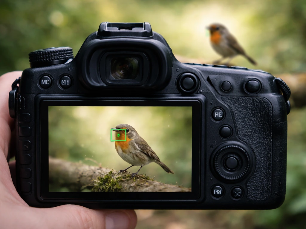 Camera rear screen shows bird tracking and autofocus points while a small bird sits in the background.