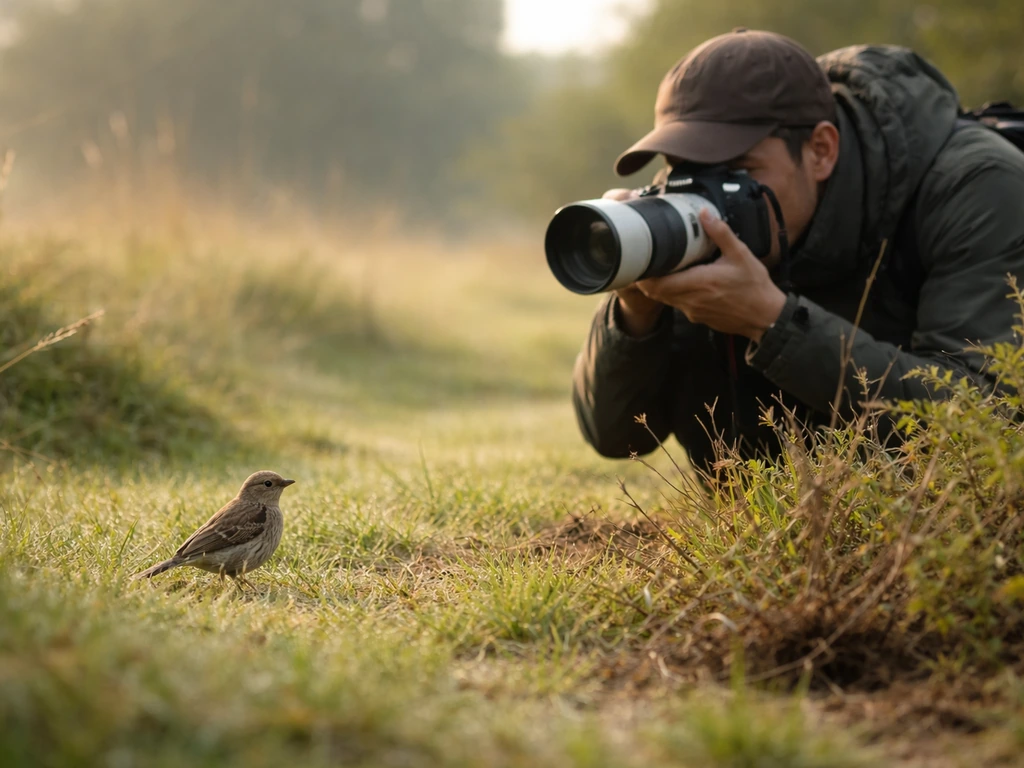 Crouched photographer behind low cover aiming a telephoto lens at a small bird in the grass.
