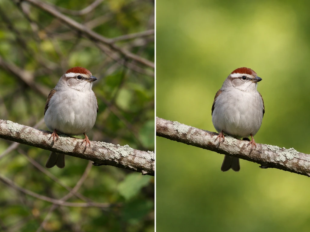Perched bird with split background: cluttered scene on one side and clean blurred background on the other.