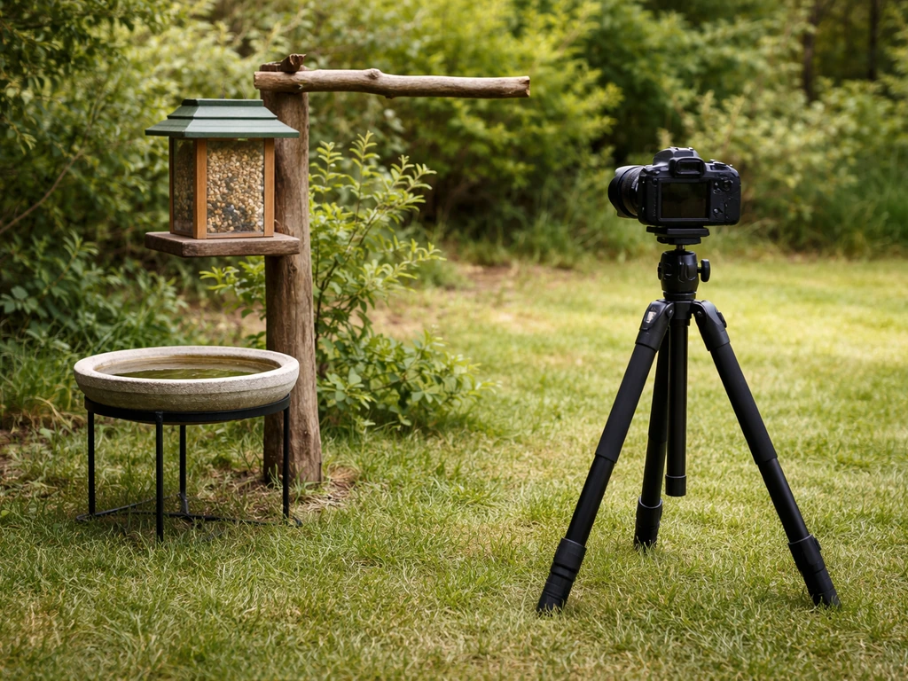 Tripod positioned by a backyard bird feeder perch with small water dish in view