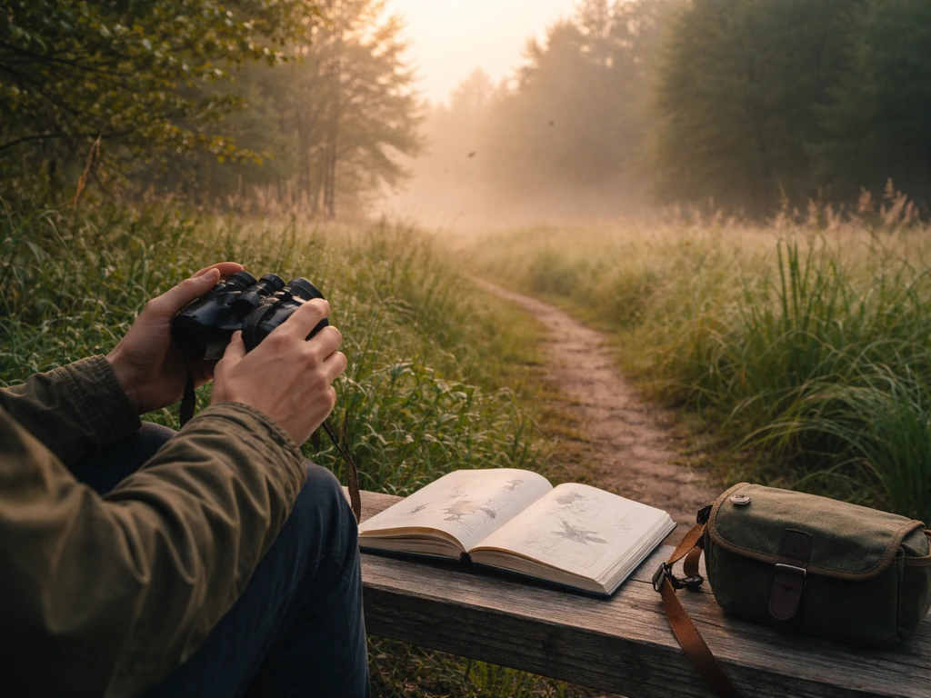 Early morning woodland birdwatching setup with binoculars and an open field notebook on a trail bench