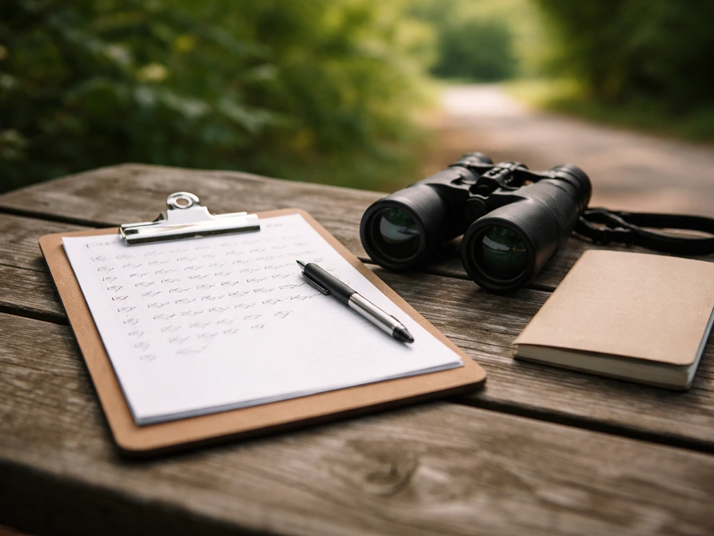 Clipboard with handwritten first-week birding notes beside binoculars and a field notebook on a quiet outdoor table