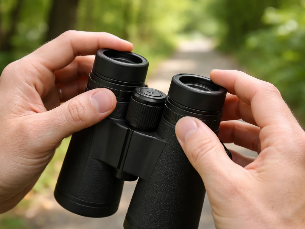 Hands adjusting the eye cups and diopter on binoculars outdoors in natural light