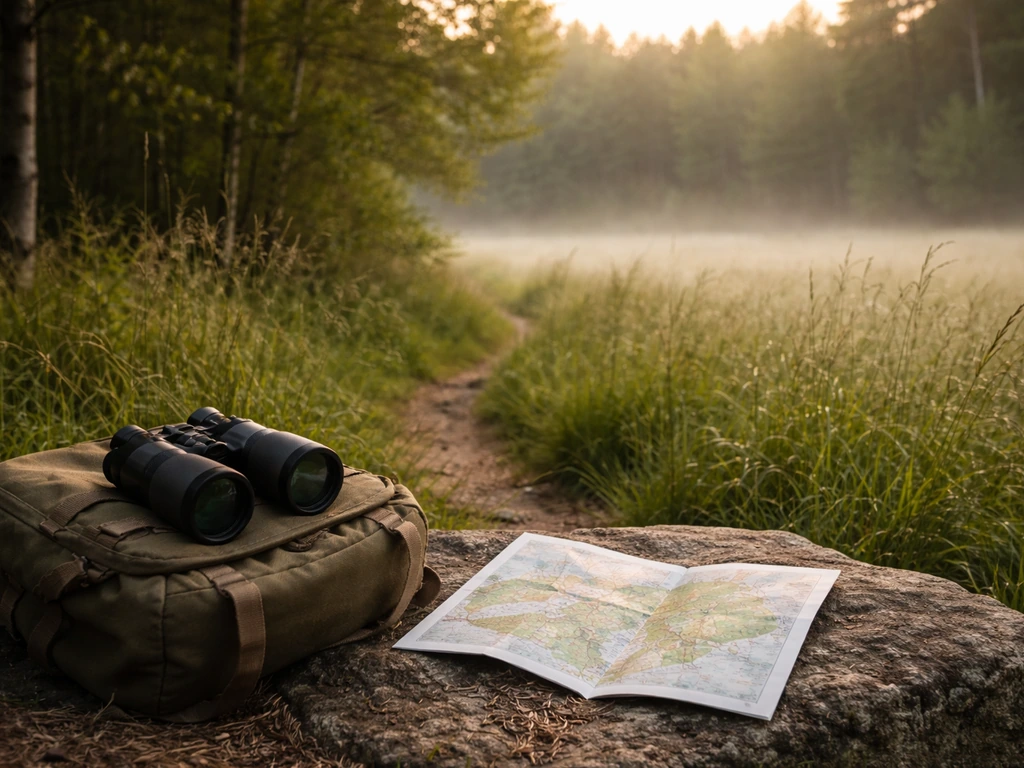 View from a forest-meadow edge with binoculars and a field map, early morning birdwatching spot.