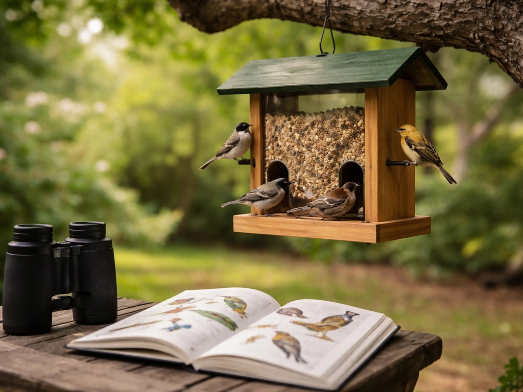 Seed feeder in a yard with small birds visiting; binoculars and a field guide on a table nearby.