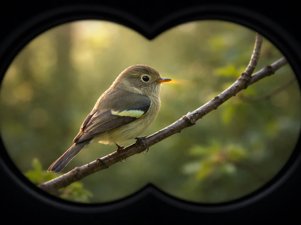 Bird side profile seen through binoculars with subtle highlighted areas for eye ring, wing bar, and bill