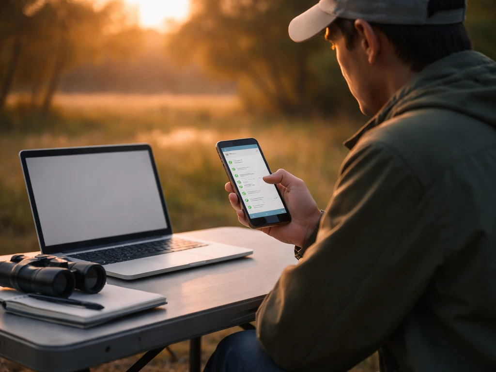 Outdoor scene of a person entering wildlife observations on a phone with a laptop on a small table.