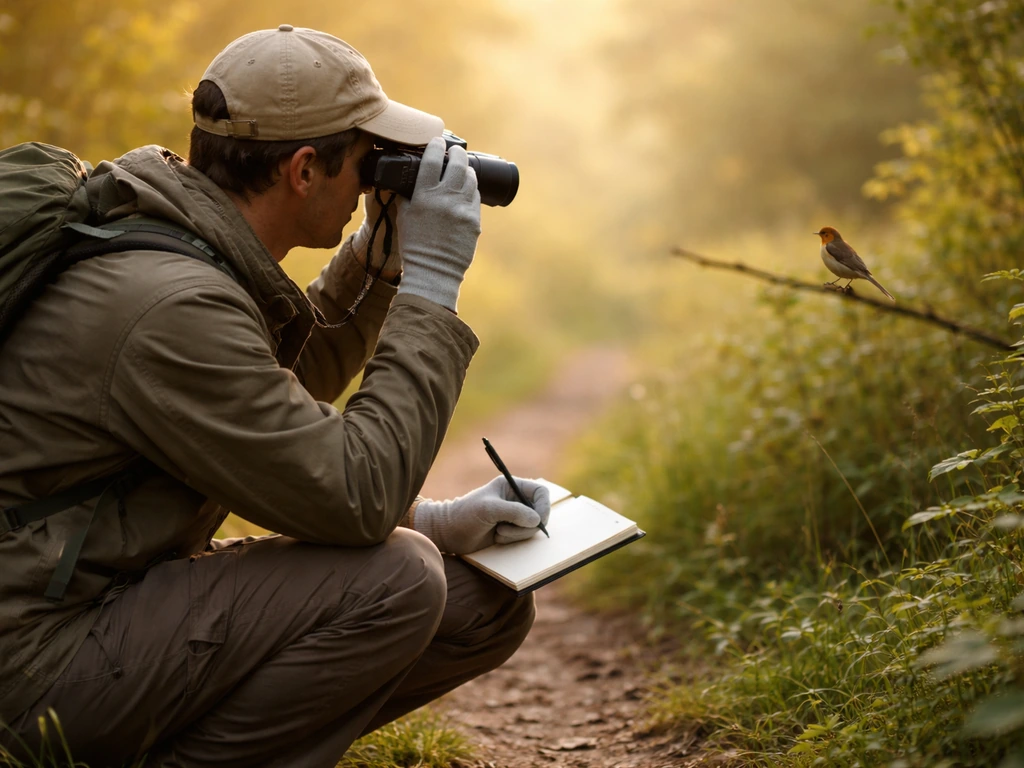 Birdwatcher taking field notes while observing a wild bird through binoculars in a quiet natural setting.