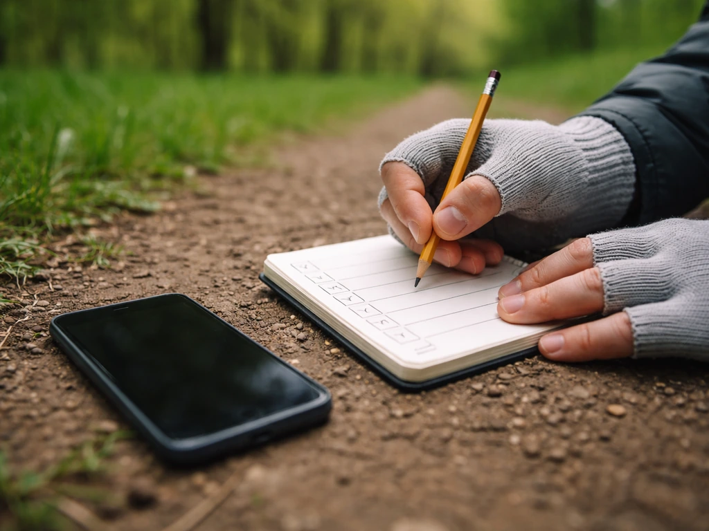 Hand holding a small notebook with a bird sighting checklist next to a phone, outdoors in natural light