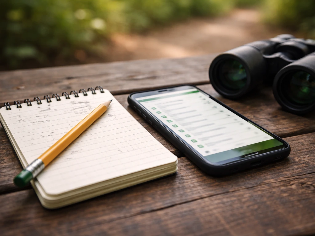 Close-up of waterproof field notebook, pencil, phone with birding app interface, and binoculars on a park trail table.
