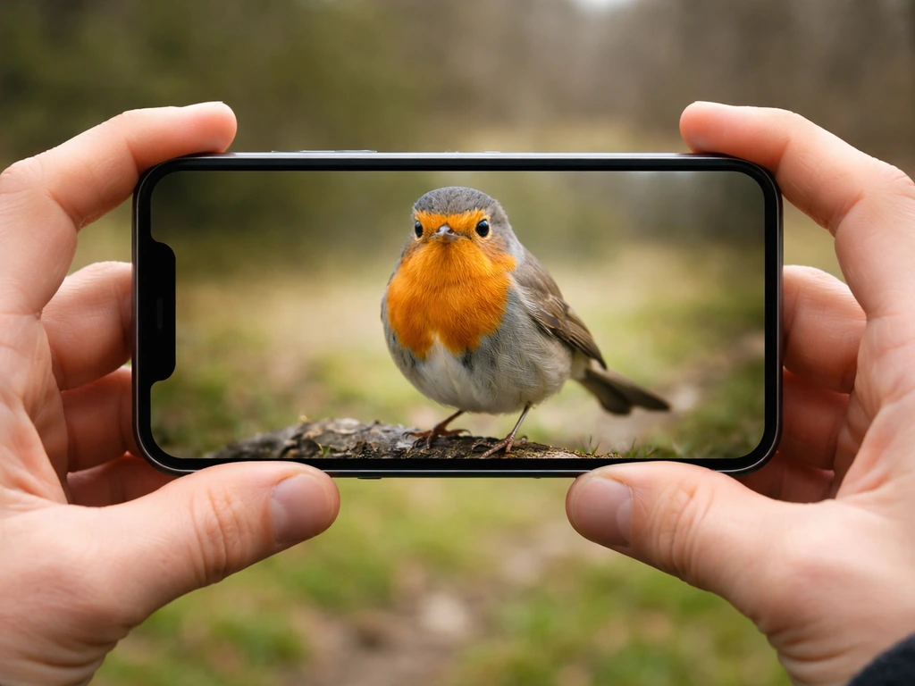 Phone view showing a full bird in frame with the eye sharply focused in a softly blurred outdoor background.