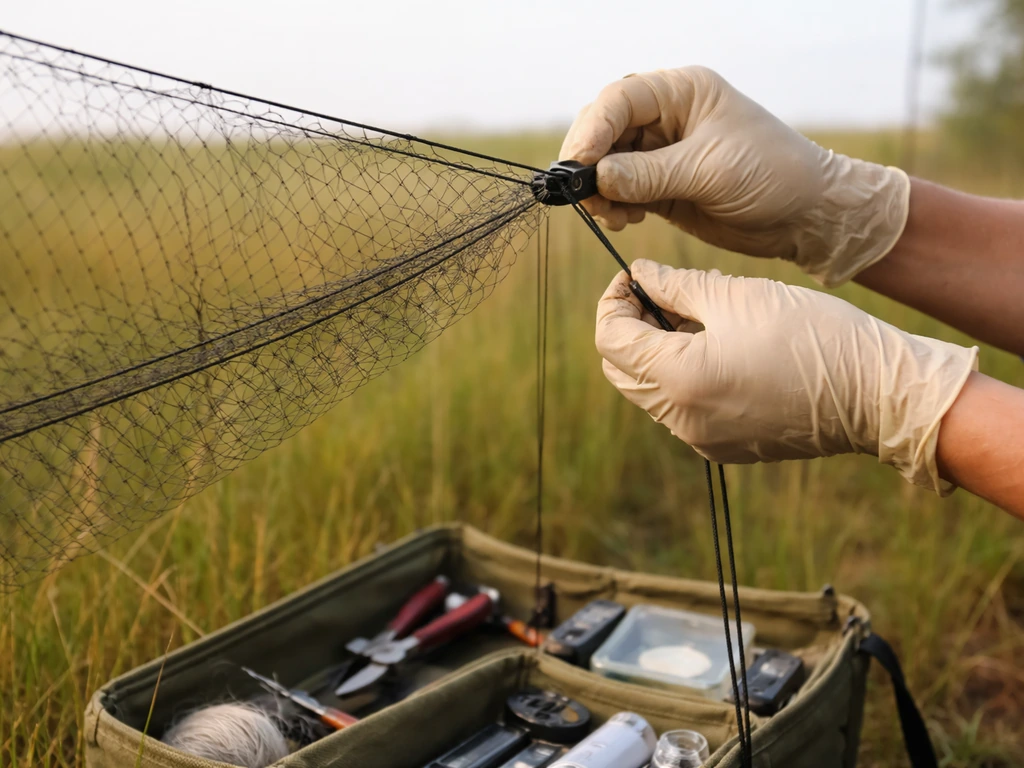 Gloved hands adjusting a mist net in a quiet field, showing wildlife banding equipment setup.