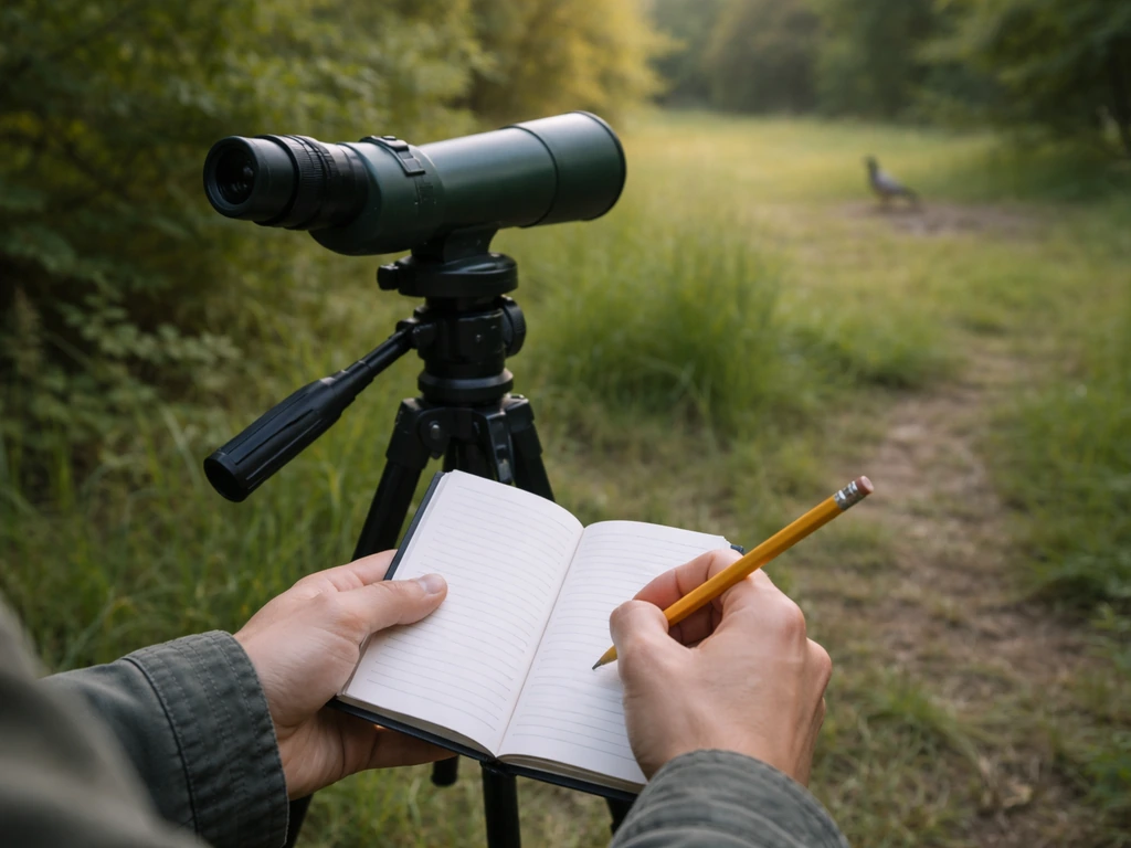 Hands record notes while viewing a distant bird through a spotting scope in a quiet woodland.