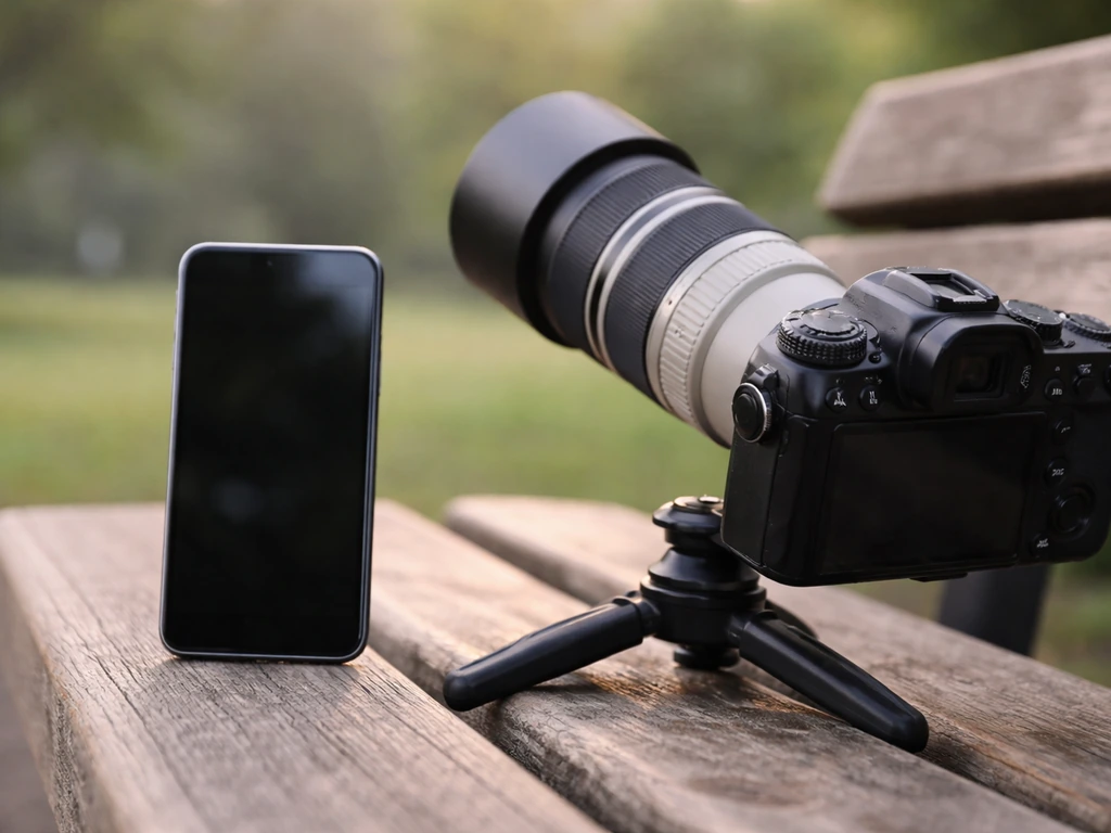 Smartphone and telephoto camera on a tripod with close-up of mode dial and focus switch