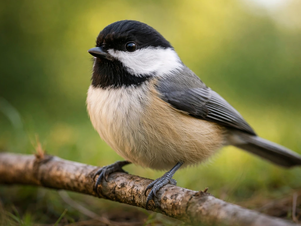 Low-angle photo of a small bird perched on a twig, sharp in focus with a blurred green background.