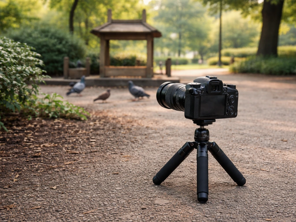 Camera on a tripod aimed at a park feeder with pigeons and sparrows in soft morning light