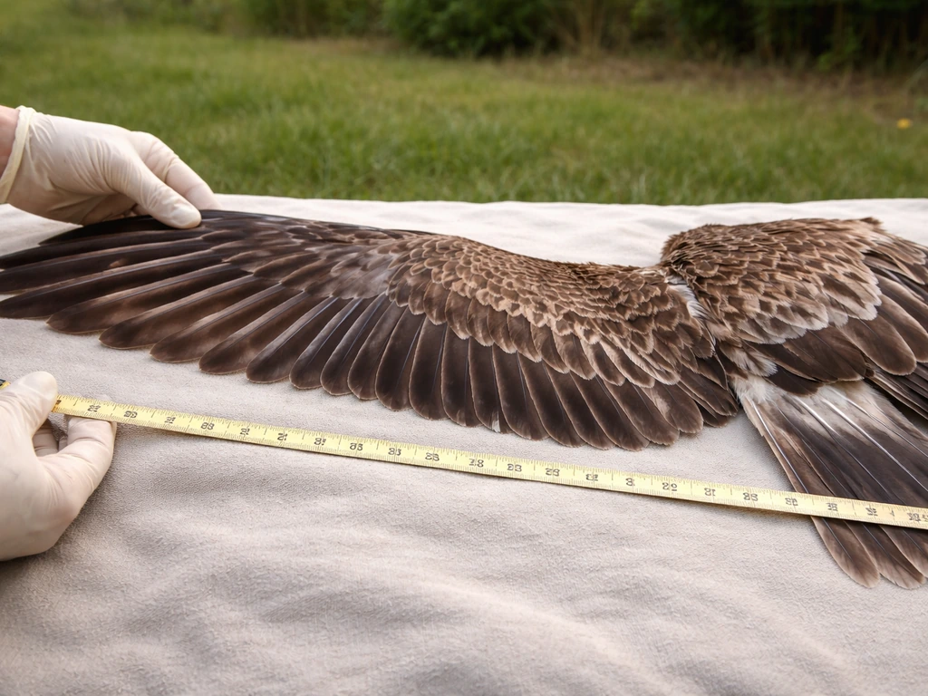 Gloved hands extend a bird’s wing while a measuring tape spans tip-to-tip on a cloth outdoors.