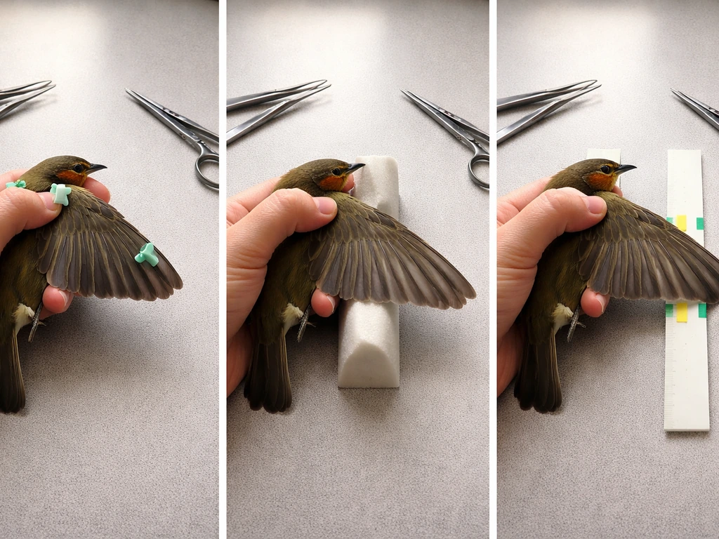 Close-up of three bird wing measurement setups showing folded wing, extended wing, and measured joint position