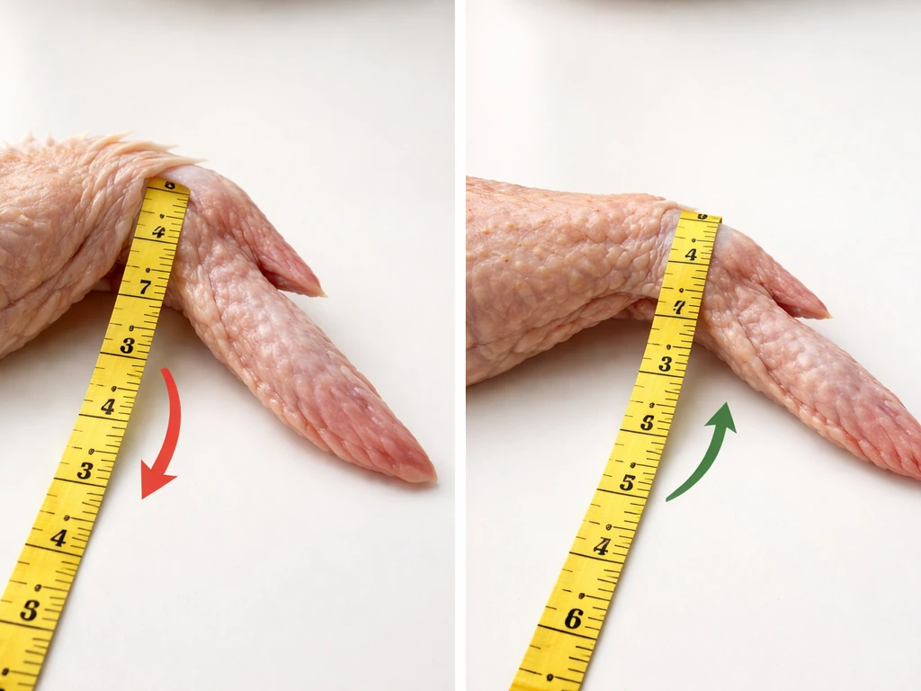 Close-up of an outstretched chicken wing with a tape measure showing incorrect shoulder start vs correct wrist-bend star