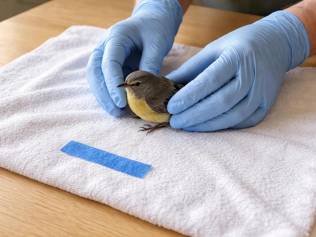Gloved hands prepare a small wild bird on a towel with painter’s tape marking a wing-joint reference.