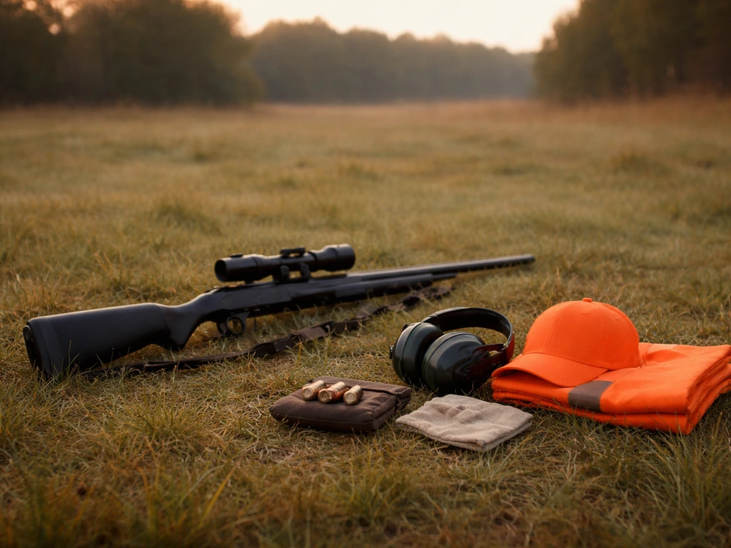 Shotgun and hunting safety gear staged on grass in a quiet field, ready for safe bird shooting practice.
