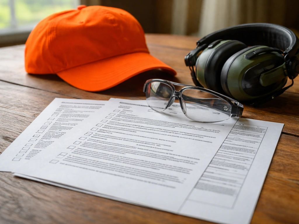 Printed hunting regulations checklist and permit papers beside safety gear in a quiet outdoor setting.