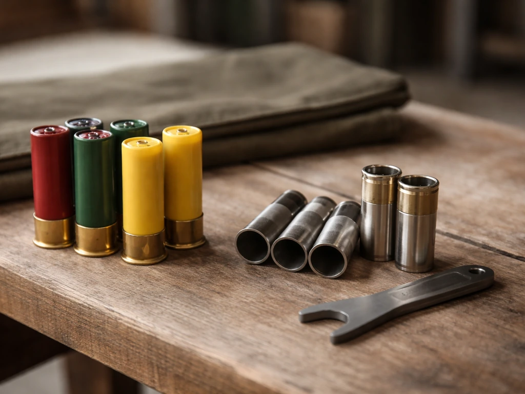 Close-up of 12- and 20-gauge shotgun shells with choke tubes and wrench on a bench