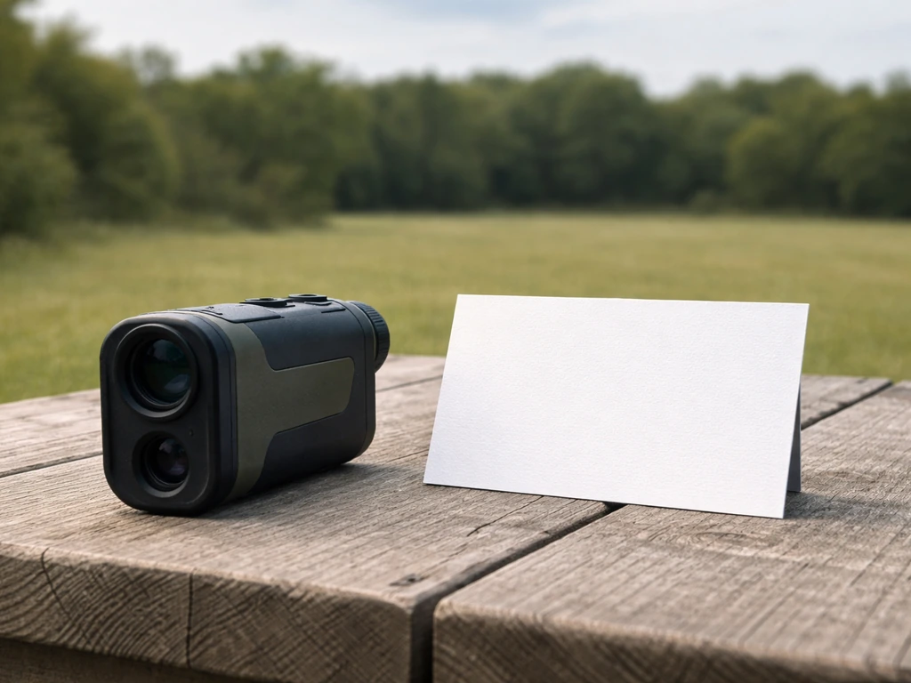 Field target board with a rangefinder and estimated distance marker in a blurred outdoor setting