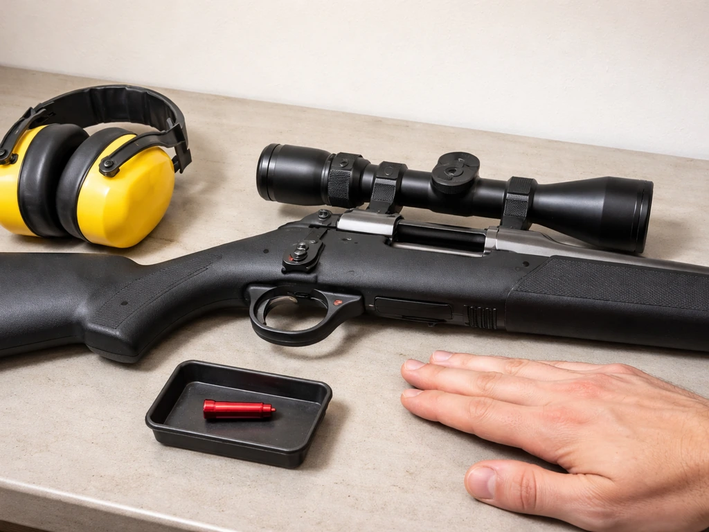 Unloaded rifle on a bench with safety gear (goggles and ear protection) and an inert snap-cap in a tray.