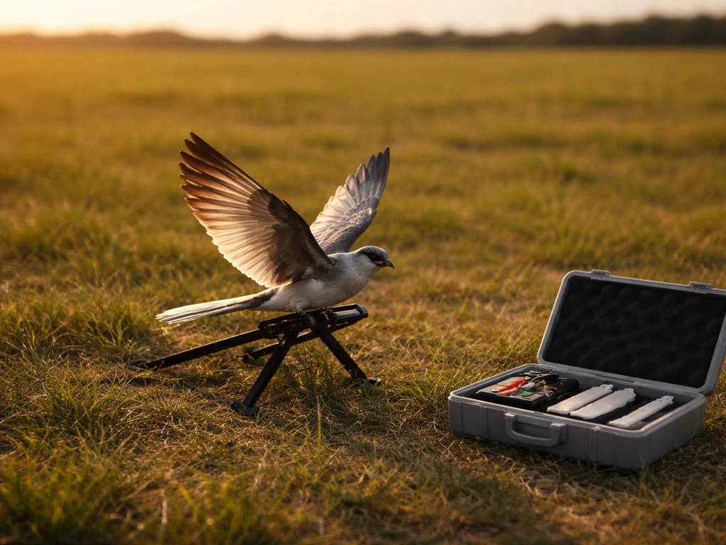 RC bird-flying setup: flapping-wing RC bird ready on launch stand over open field with small gear kit