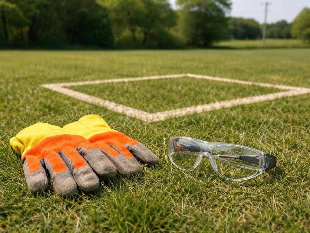 Safety gloves and eye protection next to a taped safe launch zone on grass, open field with distant trees.