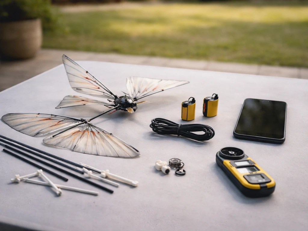 Flat-lay of an ornithopter starter kit: spare wings, batteries, charging cable, and a wind meter on a table.