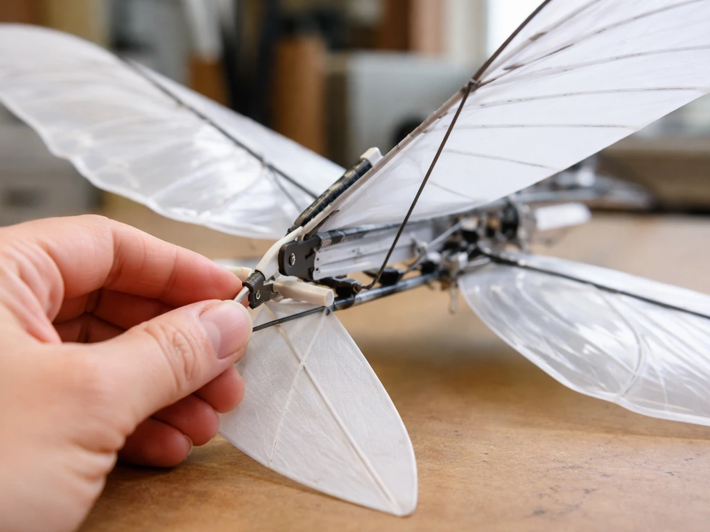 Close-up of an RC ornithopter tail trim slider being adjusted by fingers, with wings and tail visible.