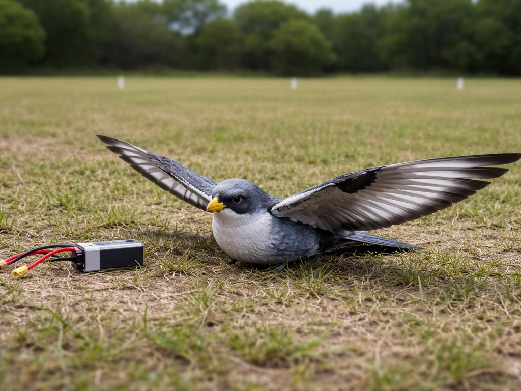 RC bird flyer on the ground with its wings test position and a clear open launch area marked on grass.