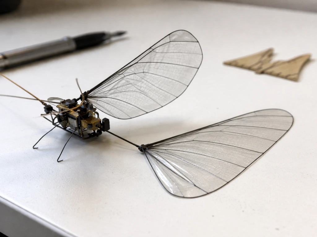 Close-up of an ornithopter wing inspection with a spare wing laid beside the device on a workbench.