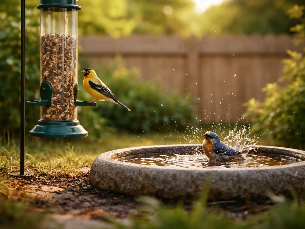 Songbirds at a backyard feeder and birdbath in morning sunlight, natural and minimal scene