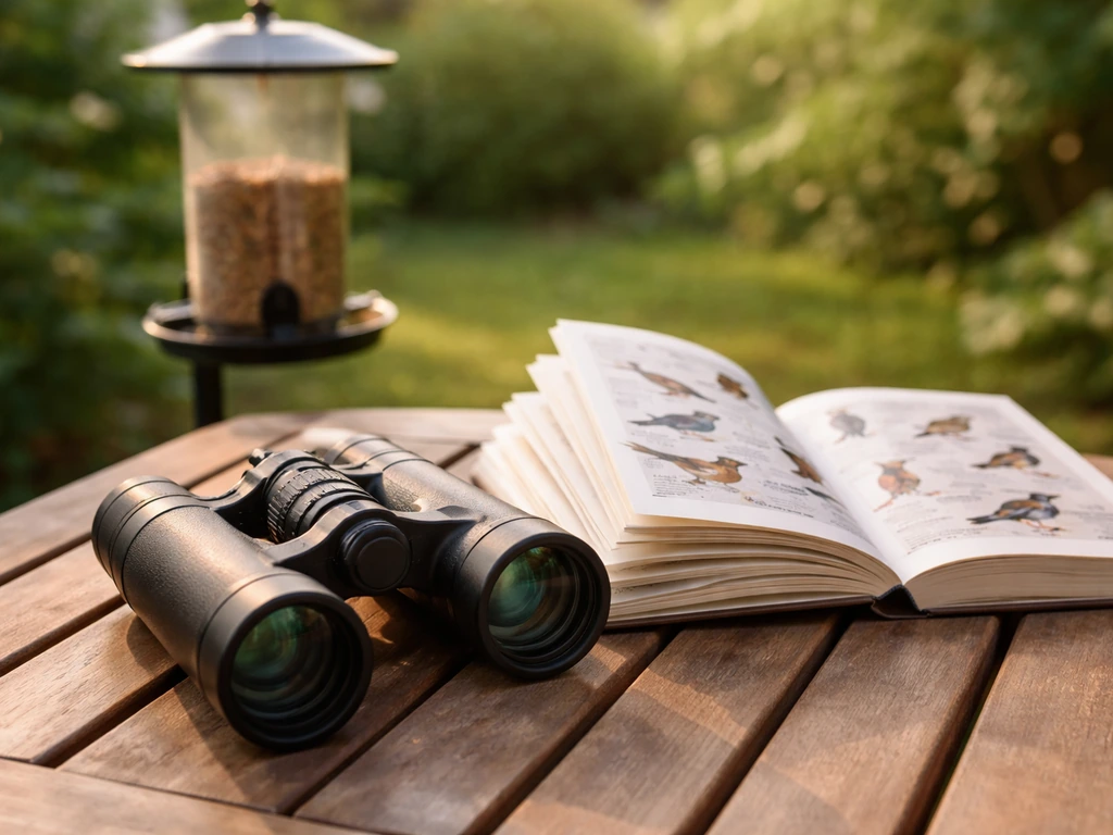 Close-up of binoculars and a bird field guide beside a backyard feeder in soft natural light.