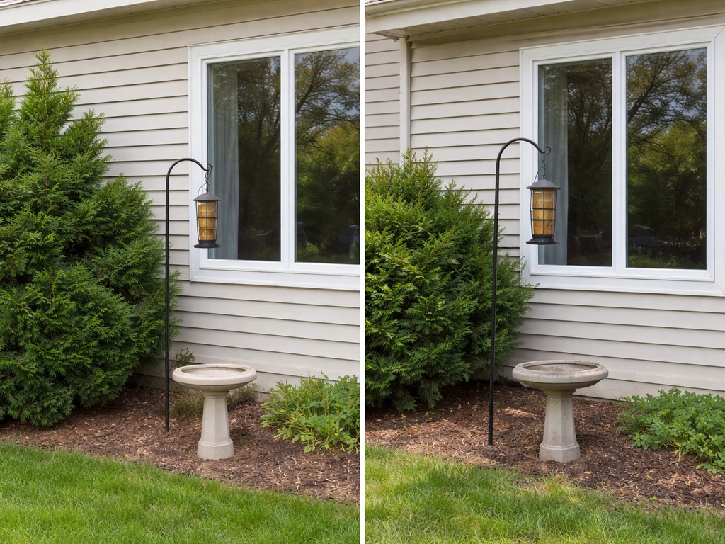 Two simple backyard setups showing a bird feeder and birdbath placed safely away from windows.