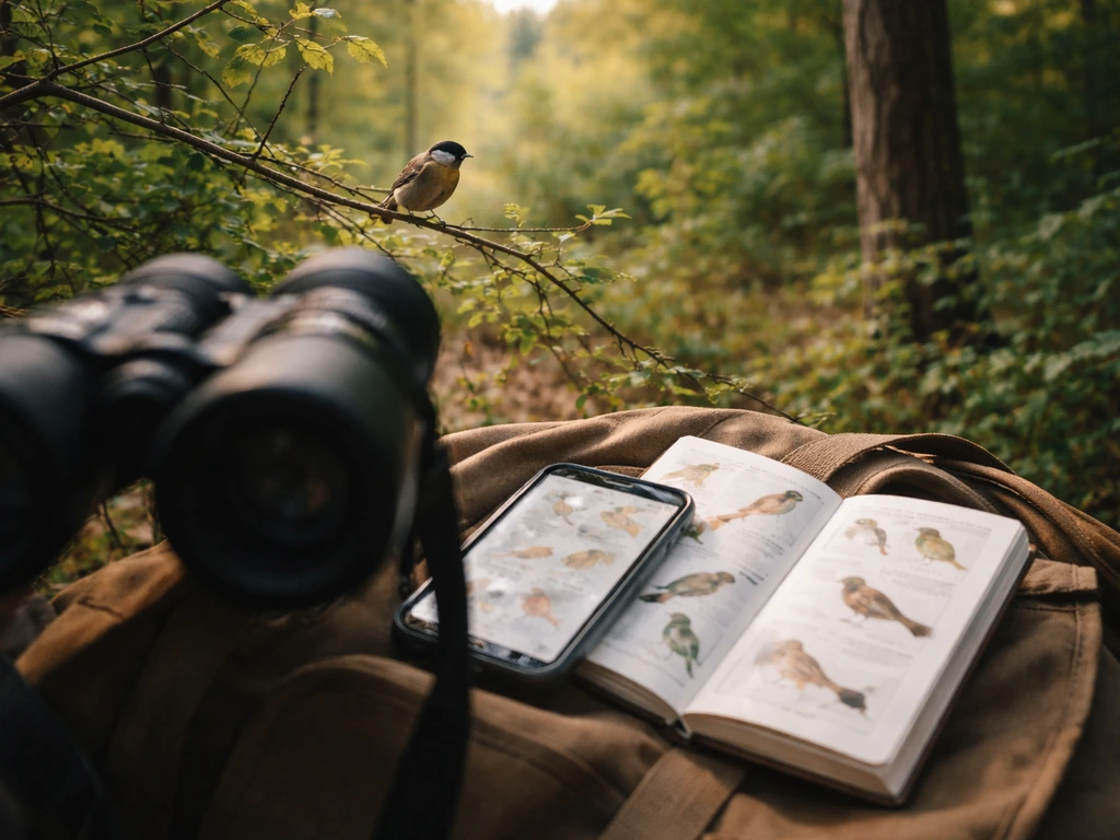 Binocular view of a small bird perched in trees, with an open bird guide nearby for feature matching.