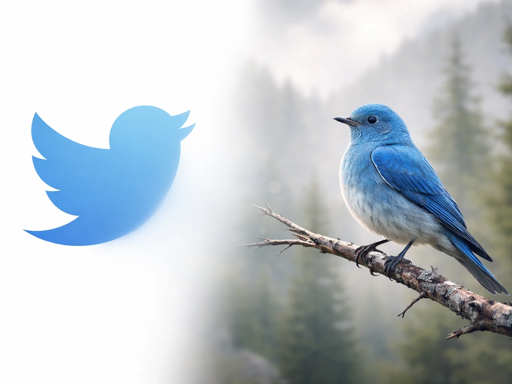 Blue bird icon smoothly morphs into a real mountain bluebird perched in a misty forest
