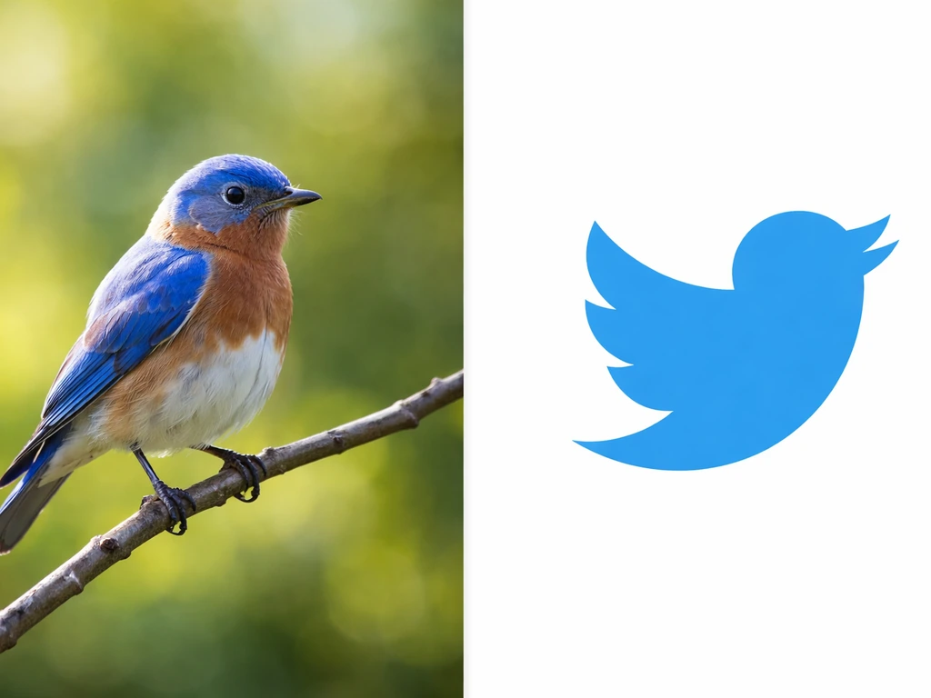 Split image: blue bird in nature on one side and a blue social bird logo silhouette on the other.
