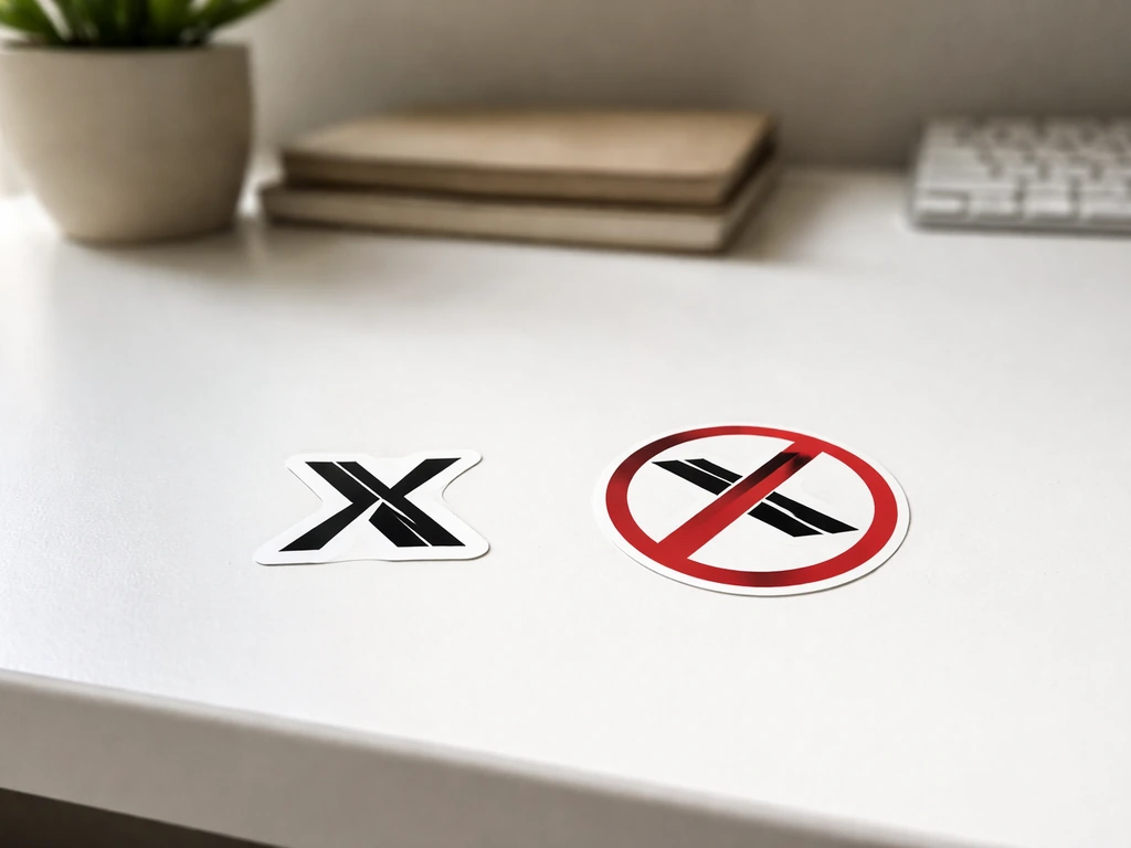 Minimal desk scene showing a smartphone with a generic social logo sticker and a second crossed-out variant