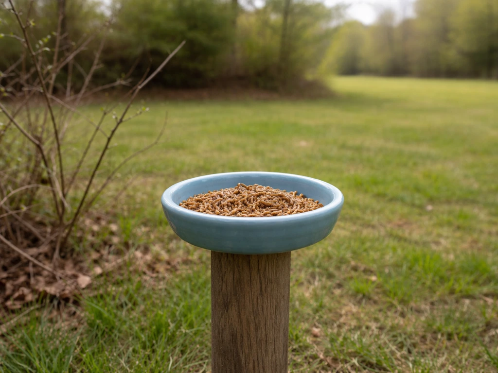 Shallow feeder with mealworms beside low brush and open lawn, attracting bluebirds
