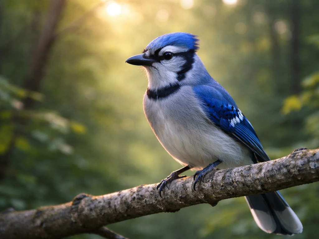 Blue jay perched on a branch, vivid blue feathers in sharp focus with soft forest background.