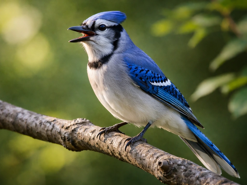 Close-up of a blue jay perched on a branch with vivid blue feathers and blurred green background.