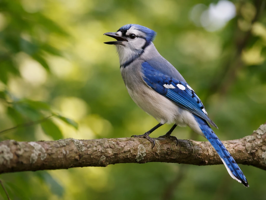 Blue jay perched on a branch with an alert posture, mouth slightly open, forest background blurred