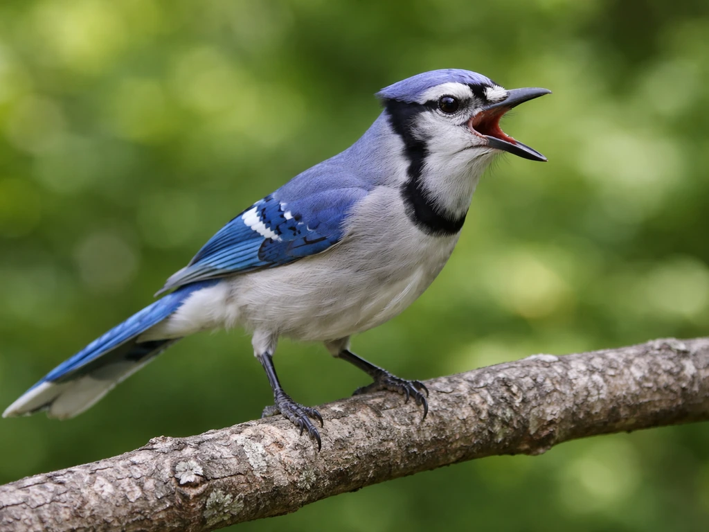 Blue jay perched with neck extended and beak open, sounding an alarm near a nearby threat